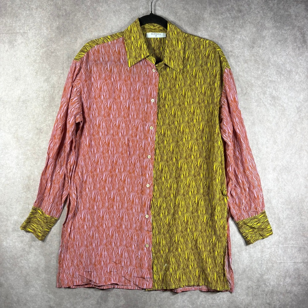 Beatrice.f Shirt Womens Size 6 Pink Green Colorblock Button Up Long Sleeve Tunic